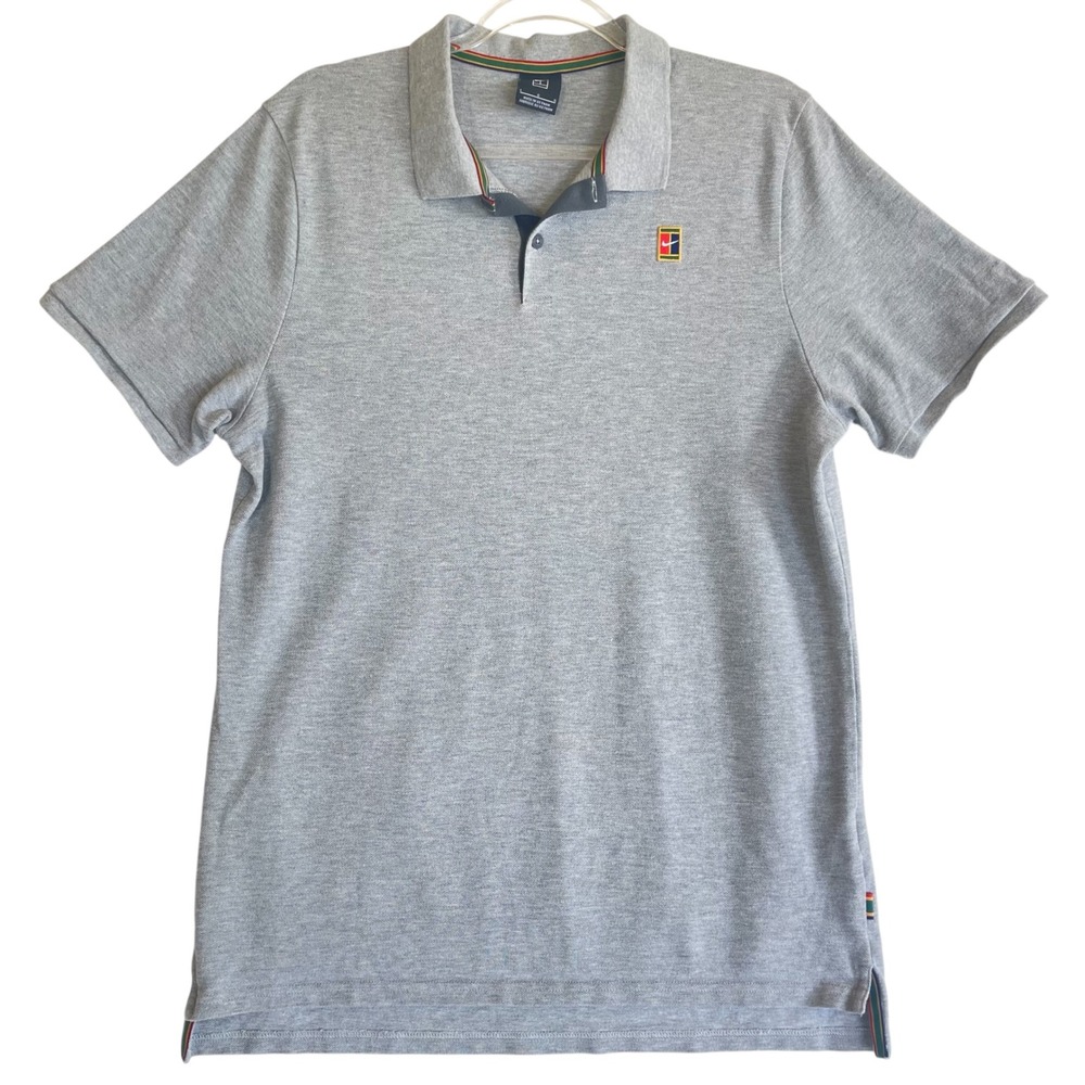 Nike Court Heritage Mens L Gray Tennis Polo Shirt Slim Fit Logo Multicolor Trim